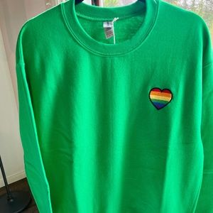 NWOT, custom made, green sweatshirt with heart/rainbow embroidery